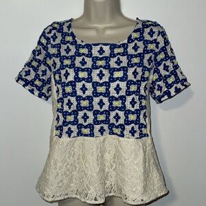 Anthropologie Deletta Beaded Lace Peplum Top Short Sleeve Shirt Blouse Women’s S